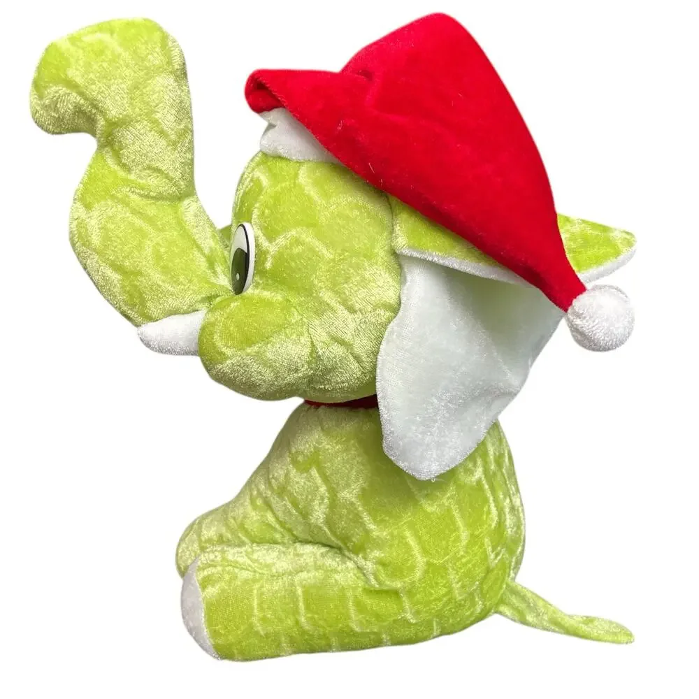 Christmas Elephant Plush Green Red Santa Hat Vintage Stuffed Animal Toy Bright